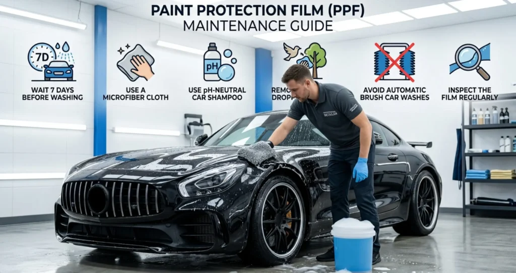 Paint Protection Film Rawalpindi maintenance tips infographic showing proper PPF care, including microfiber washing, pH-neutral shampoo, avoiding automatic car washes, and regular film inspection.