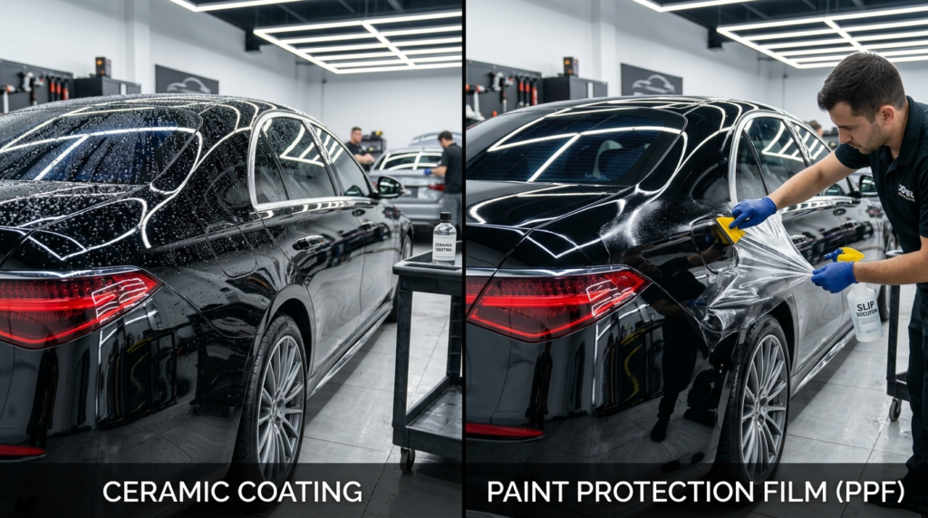 Side-by-side comparison of Paint Protection Film (PPF) and Ceramic Coating on a luxury car, showing PPF application and Ceramic Coating finish for Paint Protection Film Rawalpindi.