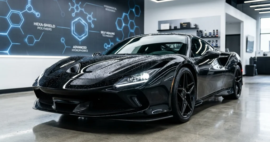 Paint Protection Film Rawalpindi technology showing a luxury car with transparent PPF, water beading, and advanced self-healing paint protection.