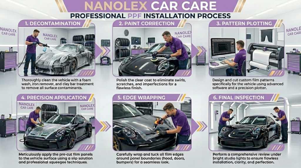 Professional Paint Protection Film Rawalpindi installation process showing a technician carefully applying clear PPF to a luxury car in a clean detailing studio.