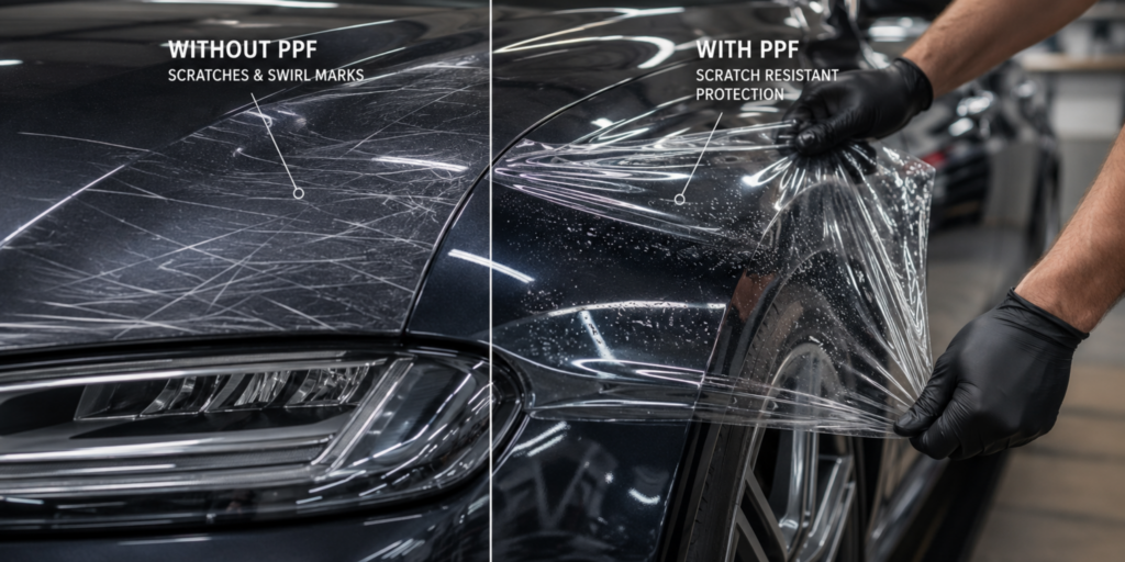 Paint Protection Film Rawalpindi comparison showing a car with scratches without PPF and scratch-resistant protection with PPF.