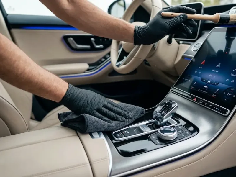 Professional air vent and center console cleaning during interior detailing