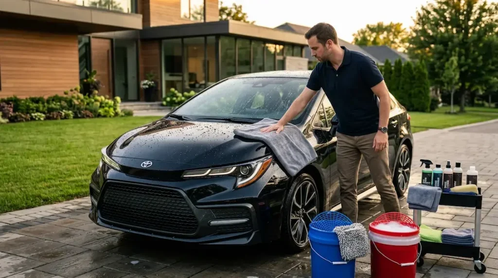 Proper car maintenance after professional car detailing using microfiber towels and pH-neutral car shampoo