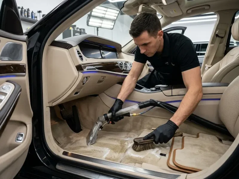 Professional carpet and floor mat shampoo during interior detailing