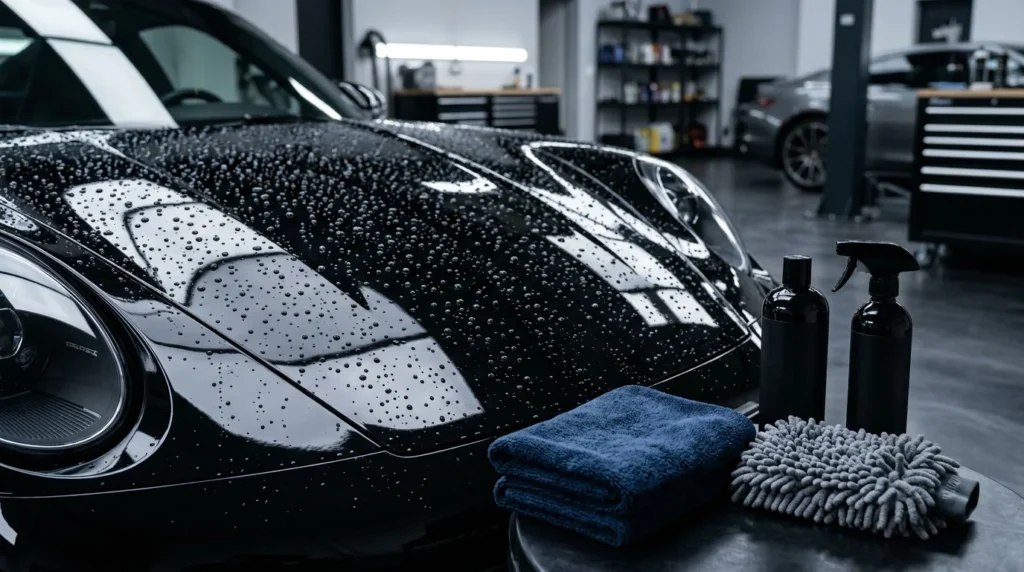 Ceramic-coated car with water beading and professional car care products for routine maintenance
