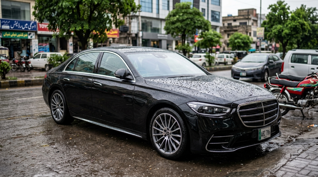 Luxury car with ceramic coating showing water beading after rain and a glossy paint finish