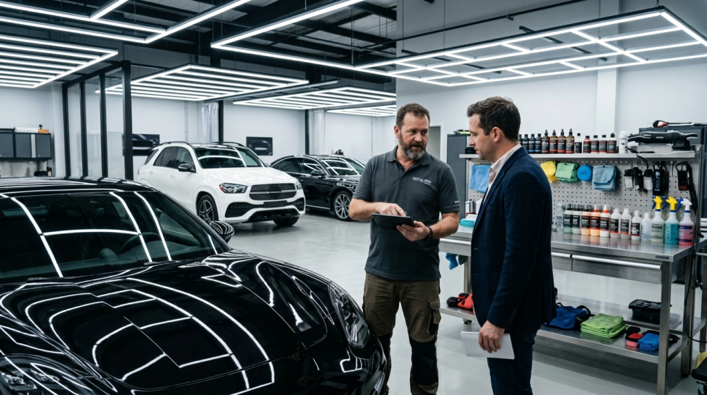 Customer discussing ceramic coating packages with a professional detailer at an automotive detailing studio