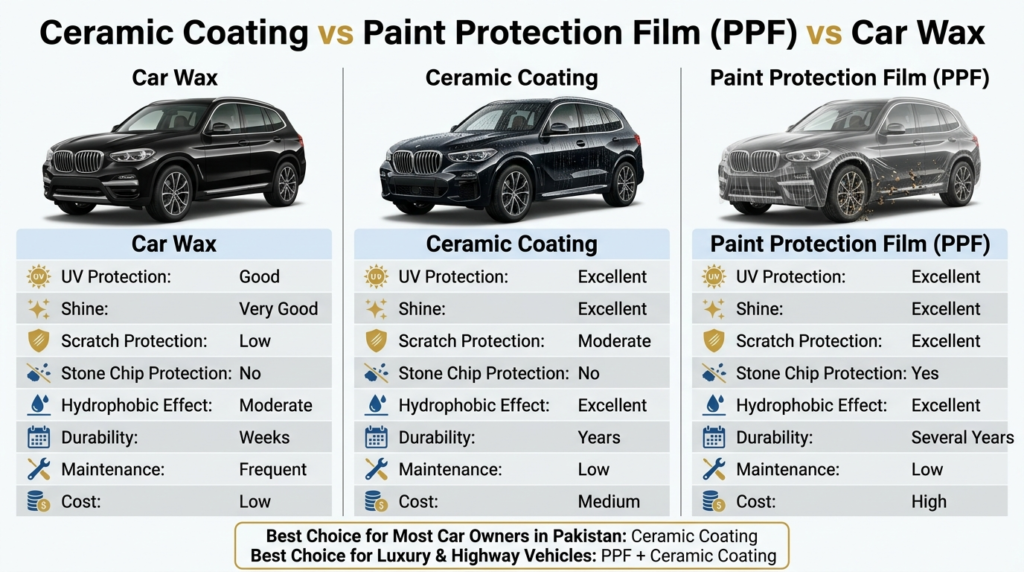 Ceramic Coating vs Paint Protection Film (PPF) vs Car Wax infographic comparing UV protection, durability, scratch resistance, hydrophobic effect, maintenance, and cost in Pakistan.