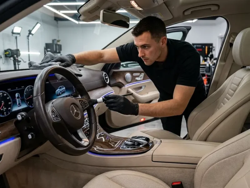 Dashboard and steering wheel cleaning during professional interior detailing
