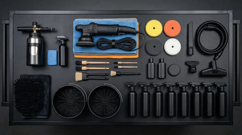 Professional car detailing tools and products used in a full car detailing package in Pakistan