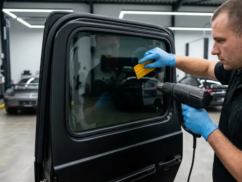 Window Tinting Rawalpindi technician using a heat gun to apply premium window tint film