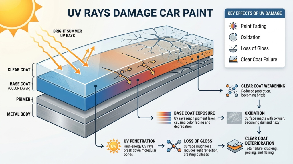 How UV rays damage car paint in Pakistan infographic showing clear coat, base coat, primer, and metal body layers.