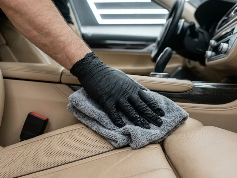 Professional leather seat cleaning during interior detailing in Rawalpindi