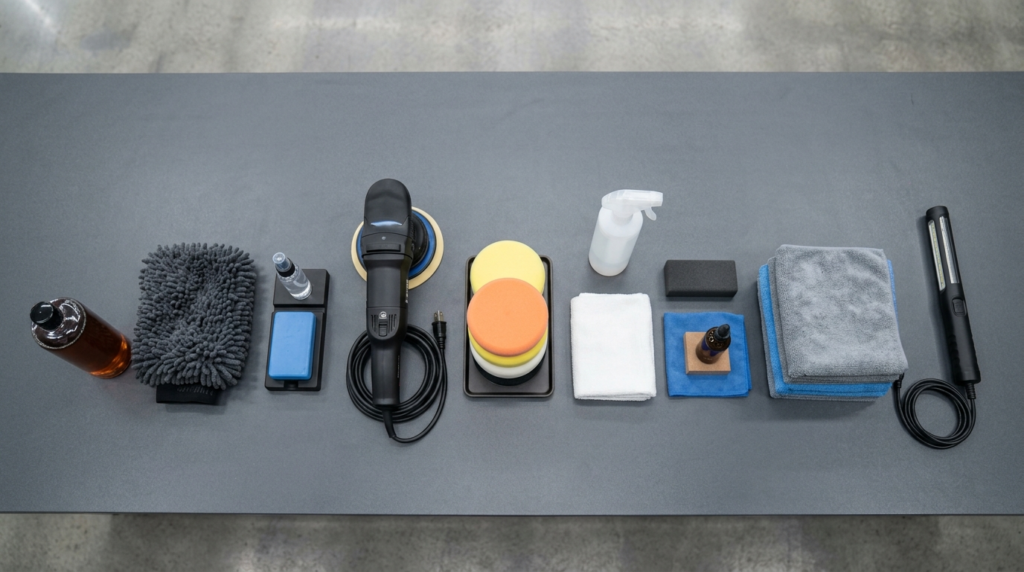 Professional ceramic coating tools arranged for vehicle paint preparation and coating application