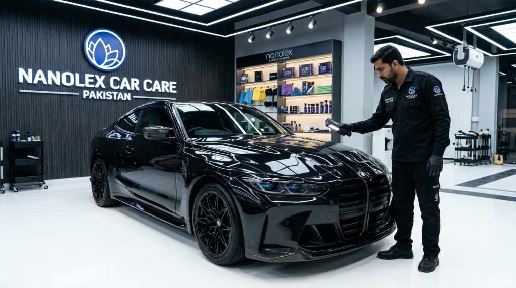 Professional car detailing provider in Pakistan inspecting paint before ceramic coating