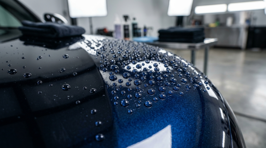 Ceramic coating on a luxury car showing water beading and paint protection