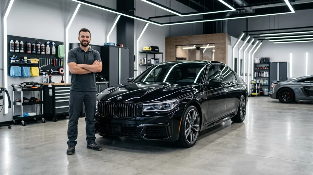 Professional detailer performing a final inspection on a ceramic-coated luxury car at Nanolex Car Care