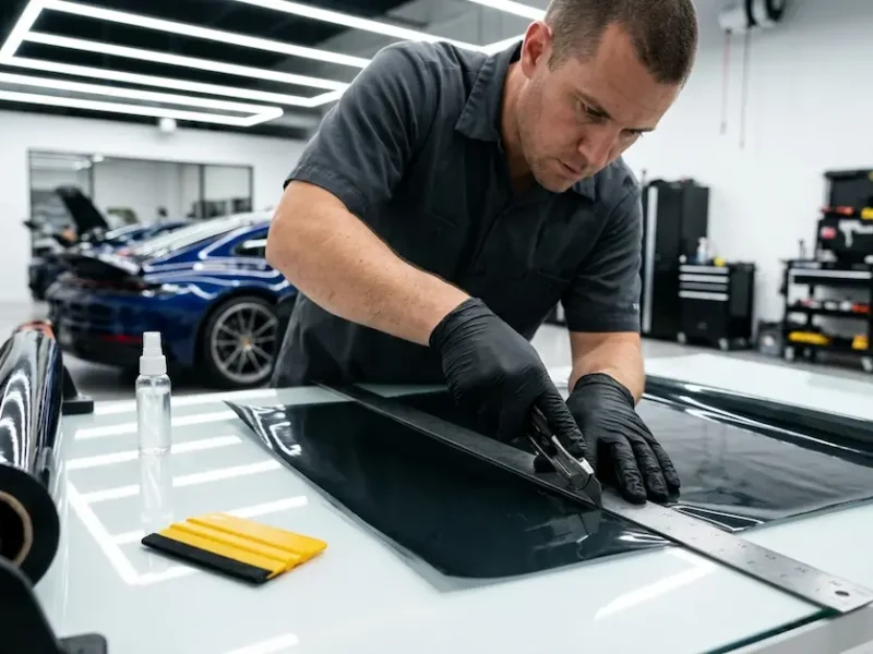 Professional Window Tinting Rawalpindi technician measuring and cutting premium window tint film