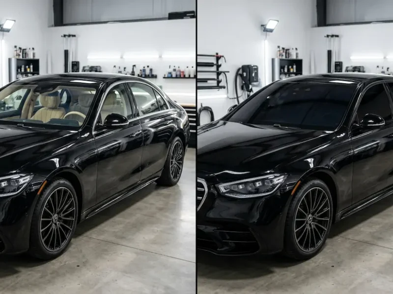 Window Tinting Rawalpindi before and after comparison on a Mercedes-Benz sedan